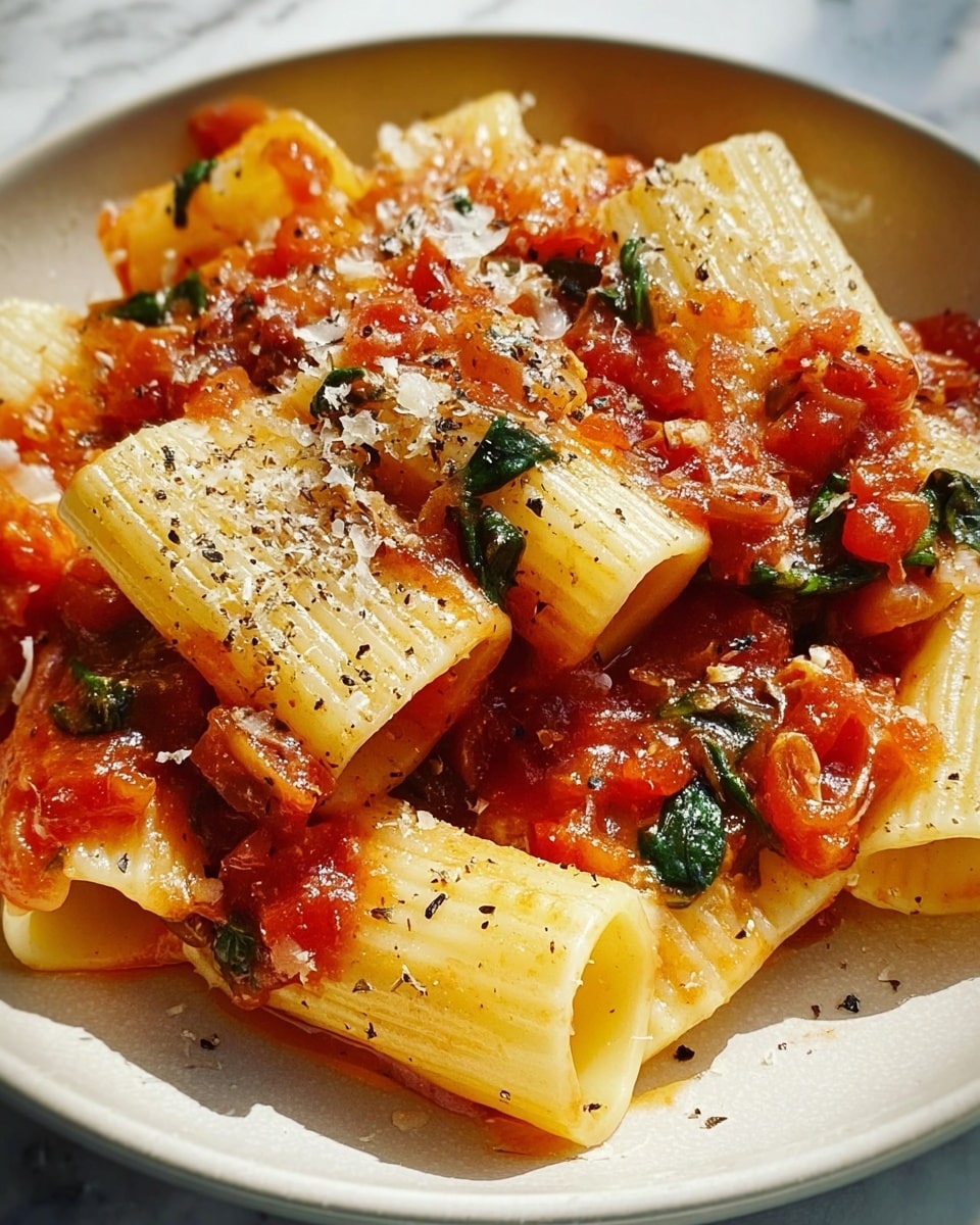The image shows a close-up of a pasta dish served in a white bowl on a white marbled surface. The pasta has two main layers: the large, tube-shaped rigatoni pasta, which is light yellow with a smooth texture and ridges on the outside, forming the bottom layer; and the chunky tomato sauce with pieces of cooked spinach layered on top and mixed throughout. The sauce is bright red with small bits of tomato and green spinach leaves visible, giving a colorful contrast. The pasta is sprinkled with grated cheese and black pepper, adding a textured white and black speckled look on top. The sauce has a slightly shiny, oily texture that makes the dish look fresh and tasty. Photo taken with an iphone --ar 4:5 --v 7