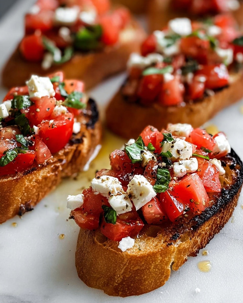A close-up of multiple pieces of toasted bread, each with three main layers starting with a golden-brown, slightly charred crusty bread base, topped with bright red, juicy diced tomatoes mixed with small green basil leaves, and finished with soft white chunks of cheese scattered unevenly on top. There is a light drizzle of olive oil with some black pepper sprinkled over everything, all set on a white marbled surface which reflects a bit of shine from the oil. photo taken with an iphone --ar 4:5 --v 7