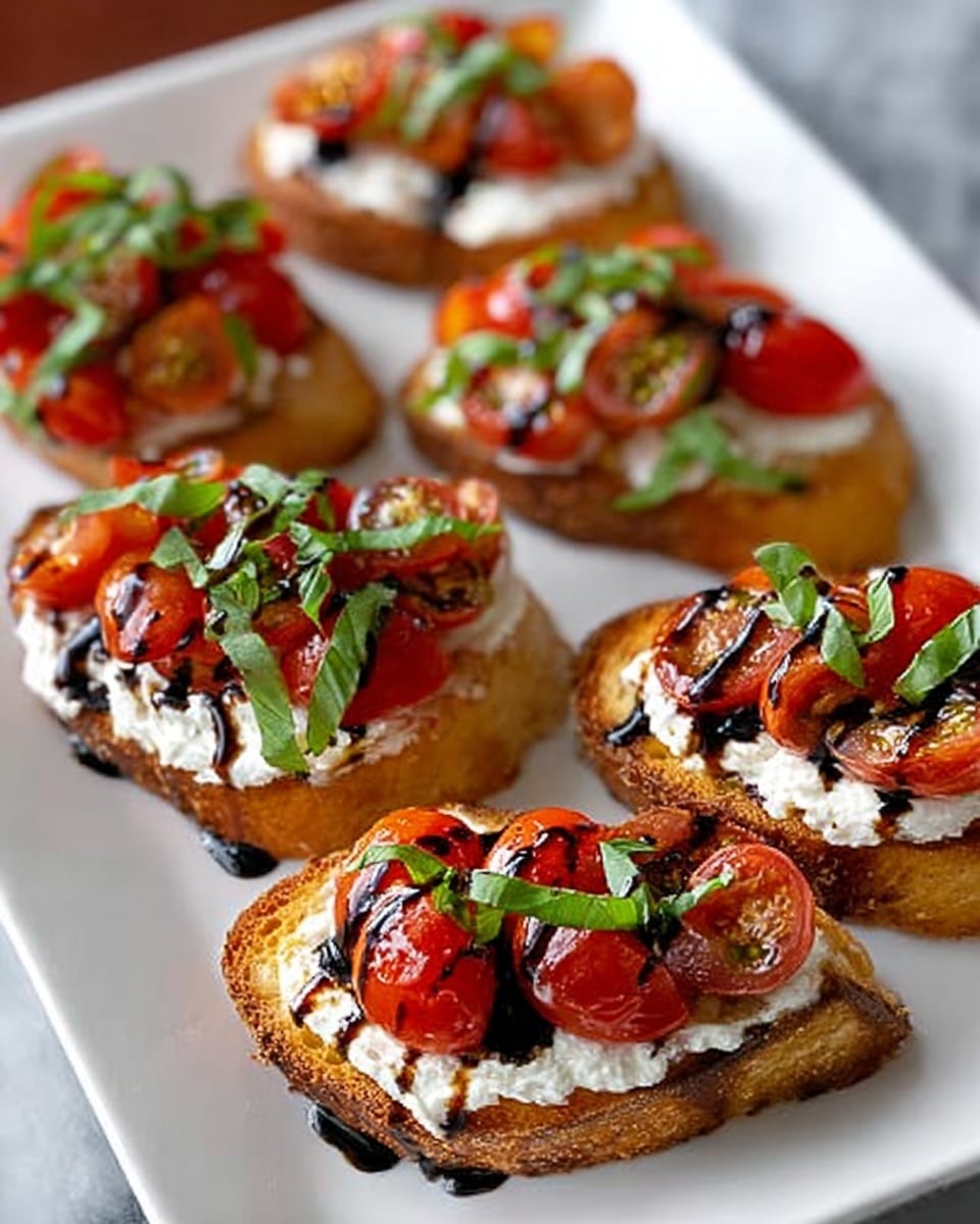 Several pieces of toasted bread, each with three clear layers: a base layer of golden-brown crispy toast, a middle layer of soft white creamy cheese spread, and a top layer of bright red cherry tomato halves. Fresh green basil leaves are scattered on top of the tomatoes, adding a pop of green color. A dark balsamic glaze is drizzled artistically over each piece, creating a shiny black contrast. The pieces are arranged in rows on a white plate placed on a white marbled surface. Photo taken with an iphone --ar 4:5 --v 7