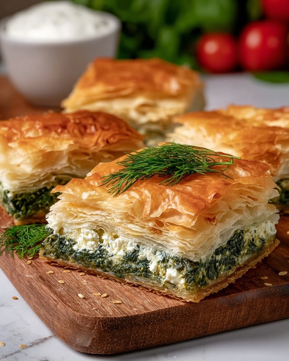 Four square pieces of golden brown, flaky layered pastry sit on a wooden board. Each piece has many thin, crispy, light brown top layers with a shiny texture. Underneath, a thick layer of green spinach mixed with white cheese fills the middle. There is a fresh green dill leaf on top of the front piece and some dill scattered on the board. The background has a small white bowl filled with white cream, and blurred green leaves and red tomatoes can be seen behind it. The surface is changed to a white marbled texture. Photo taken with an iphone --ar 4:5 --v 7