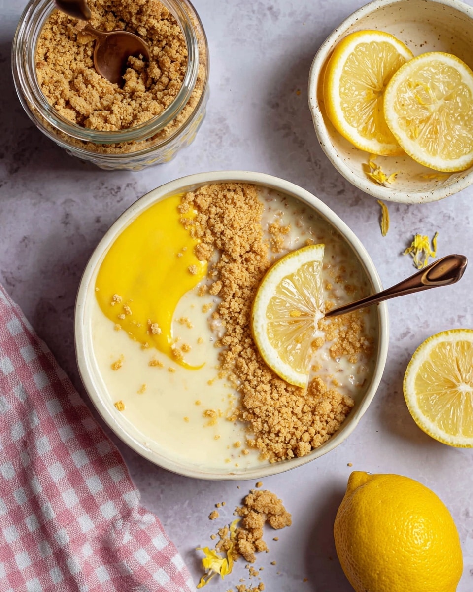A white bowl filled with a creamy oat mixture topped with three main layers: a thick, bright yellow lemon curd on the left, a crumbly light brown crushed biscuit layer in the upper right, and a fresh pale yellow lemon slice on the right edge. A bronze spoon lies inside the bowl, resting on the mixture. Around the bowl, there are scattered crumbs, several lemon slices arranged near the bottom right, a whole lemon on the left, and an open white bowl with more crushed biscuits and lemon slices above. A glass jar filled with the same oat mixture sits in the top left corner with a woman’s hand holding a bronze spoon inside it. Everything is placed on a white marbled surface with a pink and white checked cloth to the bottom left. photo taken with an iphone --ar 4:5 --v 7