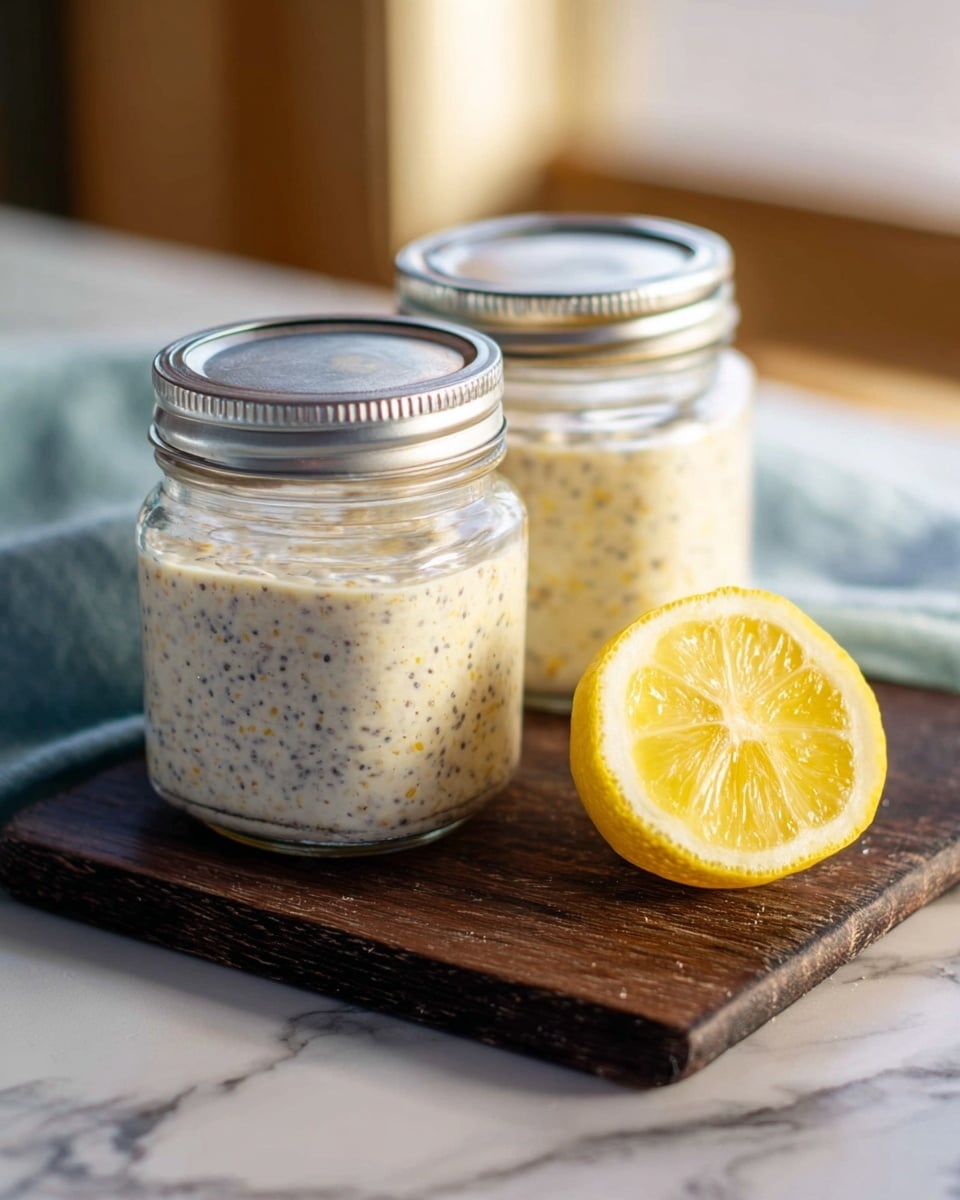 Two small clear glass jars with metal lids filled with a creamy mixture containing visible oats and tiny black chia seeds sit side by side on a dark wooden board. Next to the jars is a bright yellow lemon cut in half, showing its juicy interior. The scene is set on a white marbled surface with soft natural light coming from behind, creating a cozy and fresh feel. photo taken with an iphone --ar 4:5 --v 7