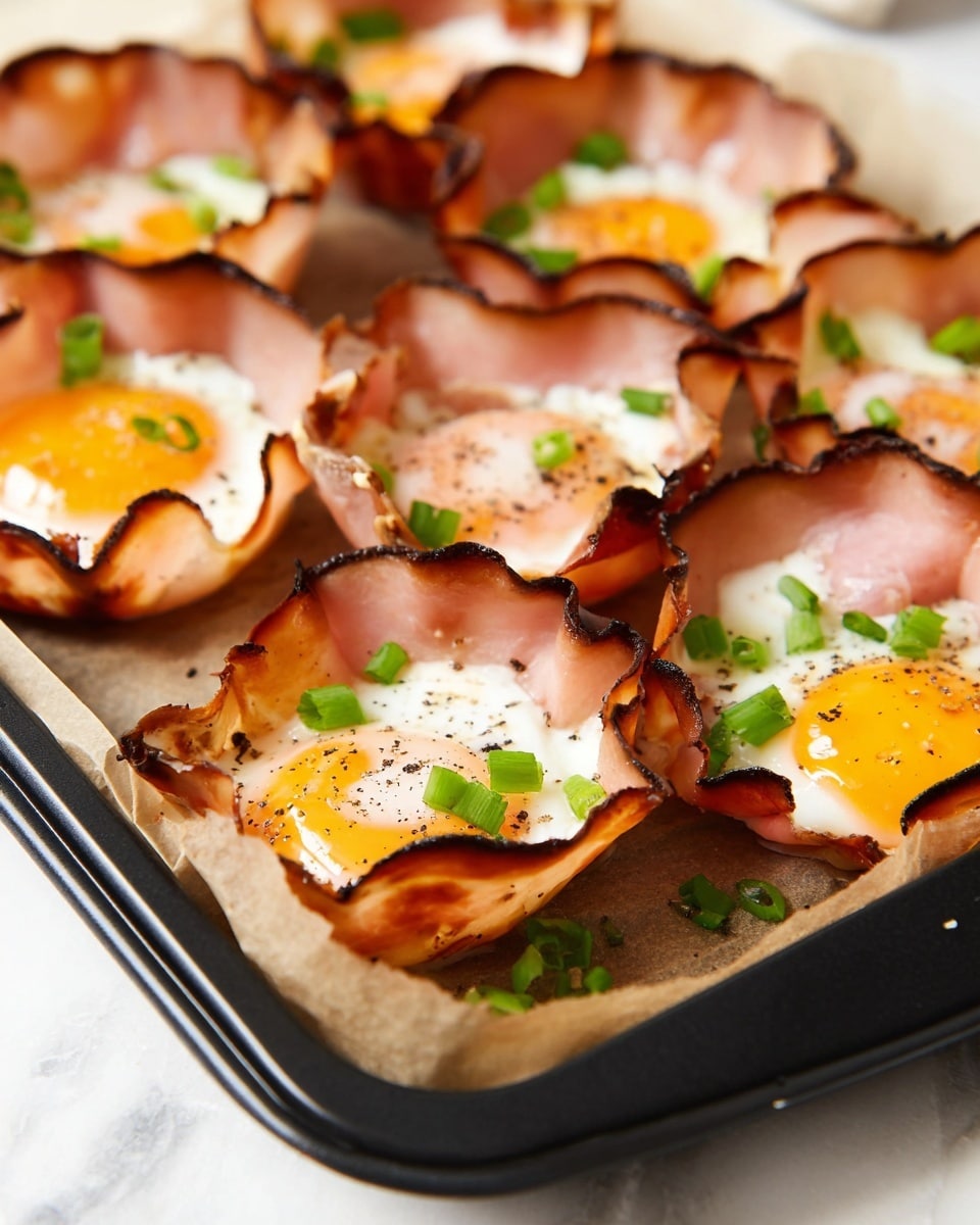 The image shows a close-up of several bite-sized breakfast cups arranged in a black baking tray lined with light brown parchment paper. Each cup consists of one layer of ham forming a wavy-edged container that is light pink with slightly darker, crispy, and browned edges. Inside each ham cup, there is one cooked egg with a bright yellow yolk sitting in the center on top of the soft white egg whites. The eggs have tiny black pepper bits sprinkled on them. On top, there are small pieces of bright green chopped scallions scattered across many of the eggs. The whole scene rests on a white marbled surface. photo taken with an iphone --ar 4:5 --v 7