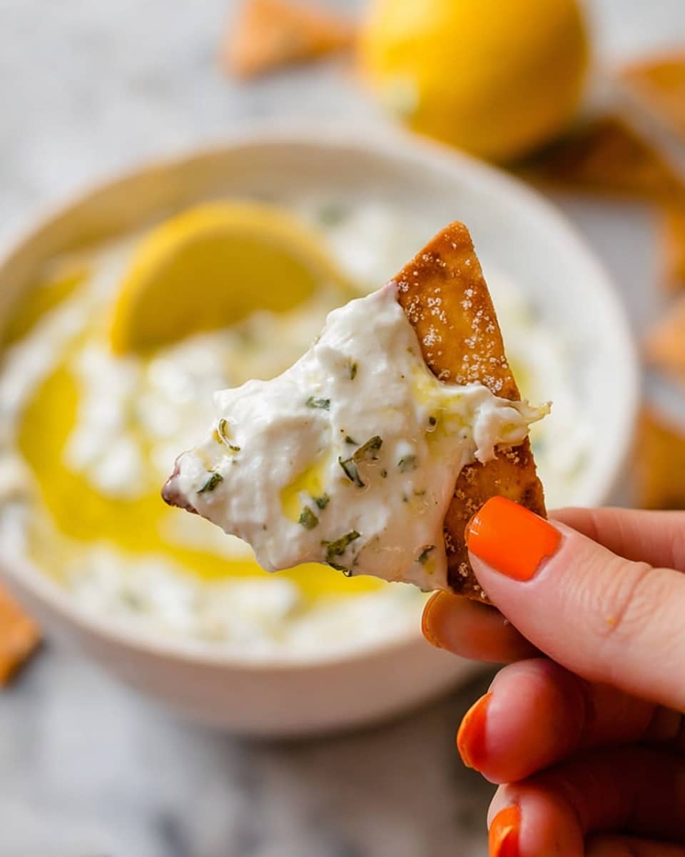 A close-up image of a triangular brown chip with a few white salt flakes, dipped halfway in creamy white dip that has small green herb pieces and a slight glossy look, held between the thumb and index finger of a woman's hand with bright orange nail polish; the background shows a white bowl filled with the same dip topped with a slice of yellow lemon and a drizzle of olive oil, all placed on a white marbled surface. photo taken with an iphone --ar 4:5 --v 7