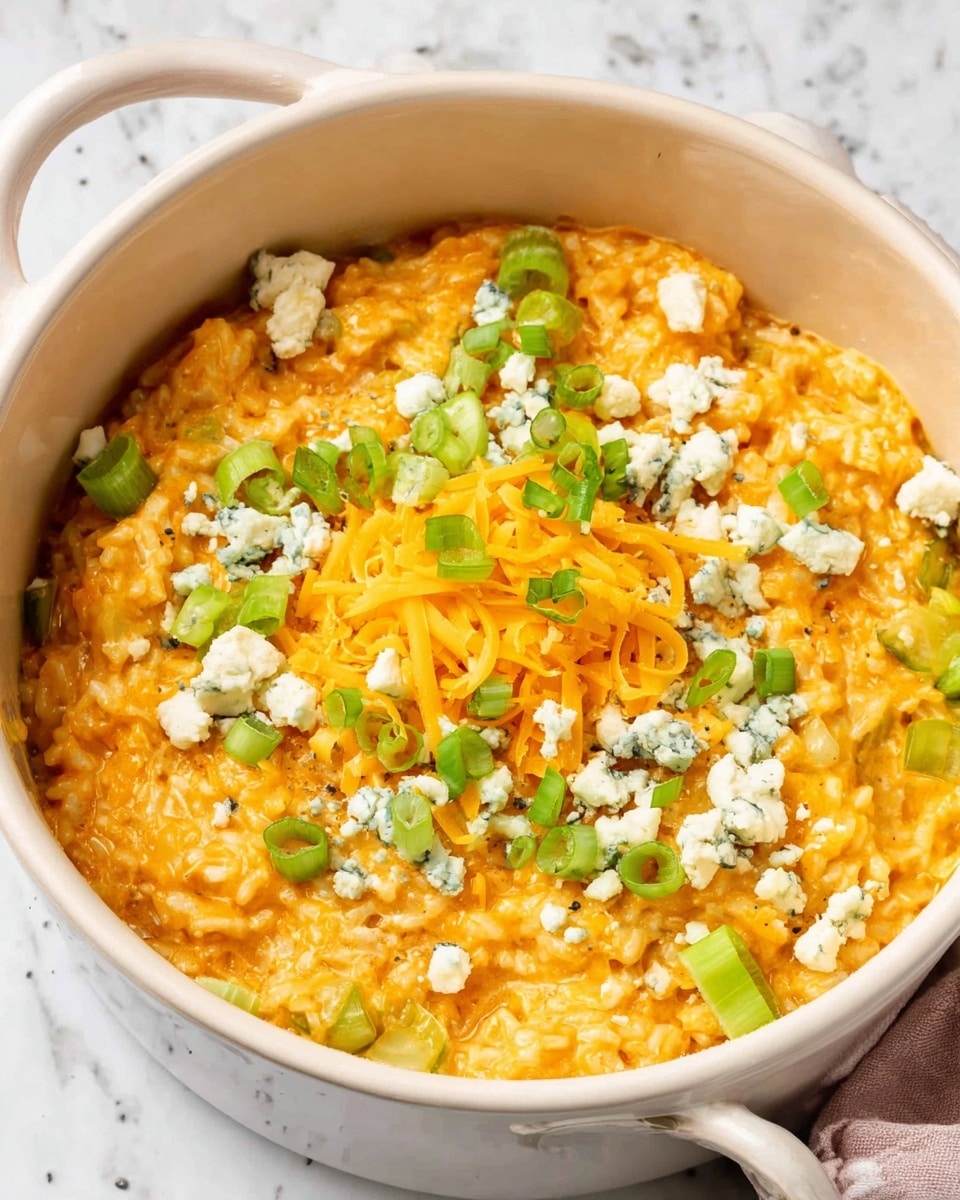 A white pot filled with a creamy orange rice dish showing a soft texture, mixed with bits of green celery. On top, there is a layer of shredded yellow cheddar cheese creating a slightly loose mound, and scattered crumbles of white and blue-veined cheese that add a rough texture. Small slices of fresh green onions are sprinkled brightly across the surface, adding color and freshness. The pot is set on a white marbled texture. photo taken with an iphone --ar 4:5 --v 7