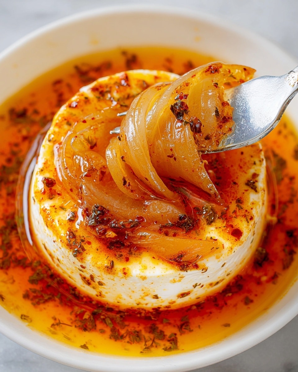 A close-up view of a round piece of soft white cheese topped with glossy, translucent cooked onion slices and covered in shiny, orange-red oil infused with spices and herbs. The cheese shows a few browned and slightly crispy spots on its surface. The dish sits in a shallow pool of the same spiced oil inside a white bowl, while a silver fork lifts some of the juicy onion slices from the top. The background is a white marbled texture. photo taken with an iphone --ar 4:5 --v 7