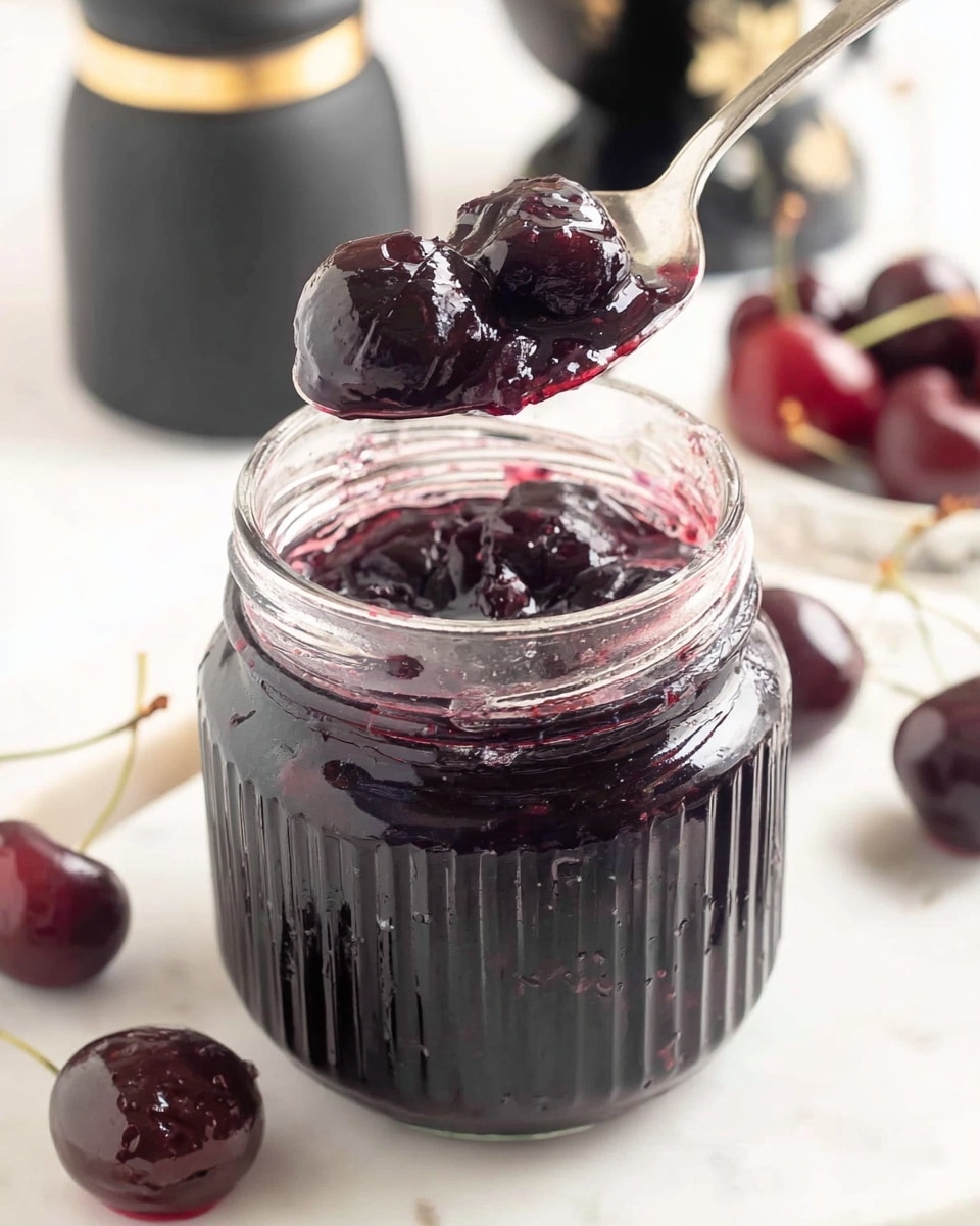 A small jar filled with thick, dark purple cherry jam, showing visible whole cherries inside, topped with a shiny layer of glaze, with a silver spoon lifting a scoop out of the jar. The jar has vertical ridges and is placed on a white marbled surface with fresh dark cherries scattered around it. In the background, there are blurred black containers with gold accents adding contrast to the bright scene. The overall look is fresh and inviting. photo taken with an iphone --ar 4:5 --v 7