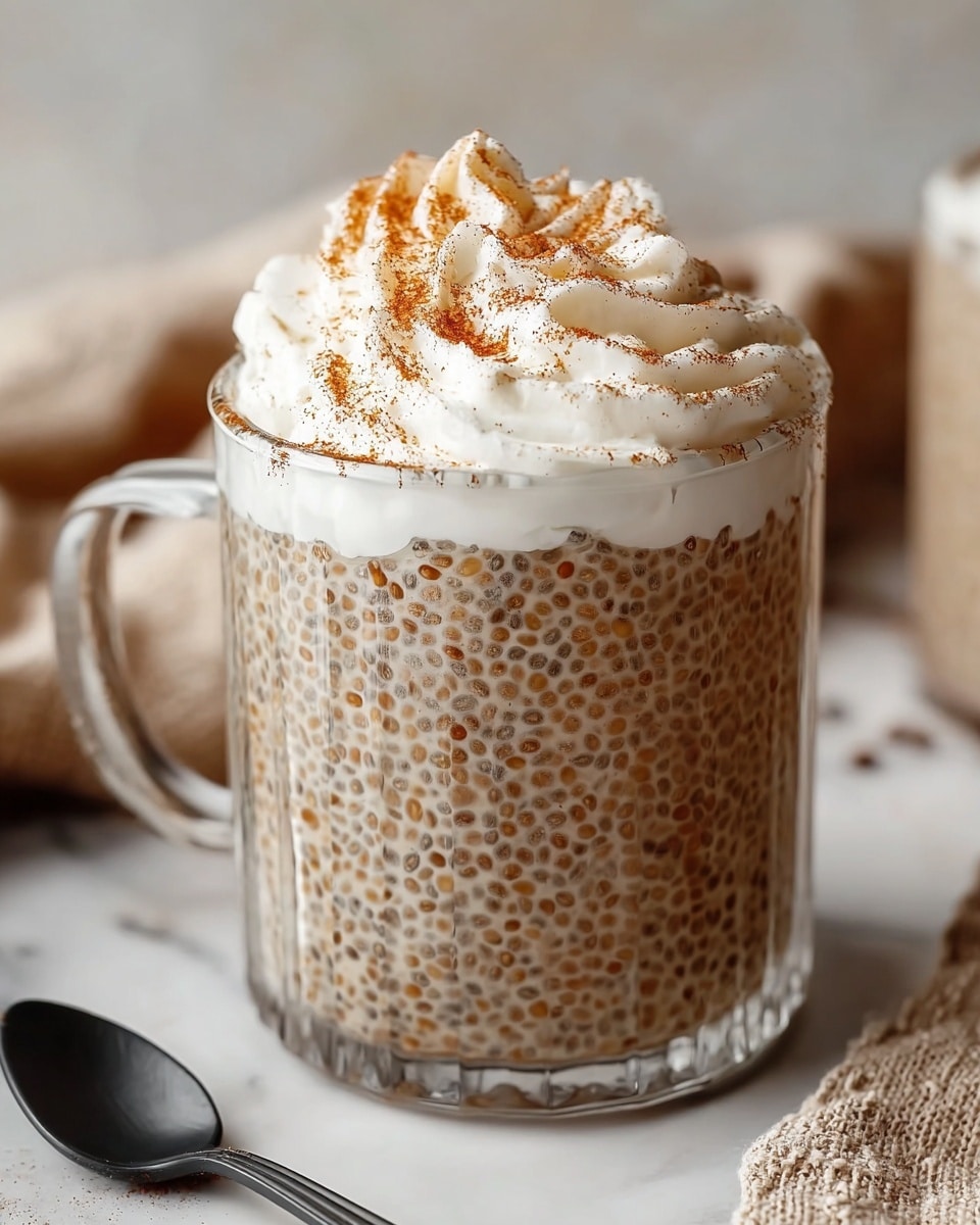 A clear glass mug filled with a speckled light brown chia seed pudding forms the main layer, where tiny dark seeds are evenly spread throughout a creamy beige liquid. On top, a thick, swirled layer of white whipped cream is piled generously, dusted with a fine layer of light brown cinnamon powder. The mug sits on a white marbled surface with soft lighting that highlights the textures of the chia seeds, cream, and cinnamon. Nearby, parts of a black spoon and a textured beige fabric are visible, giving a cozy and inviting setting. Photo taken with an iphone --ar 4:5 --v 7