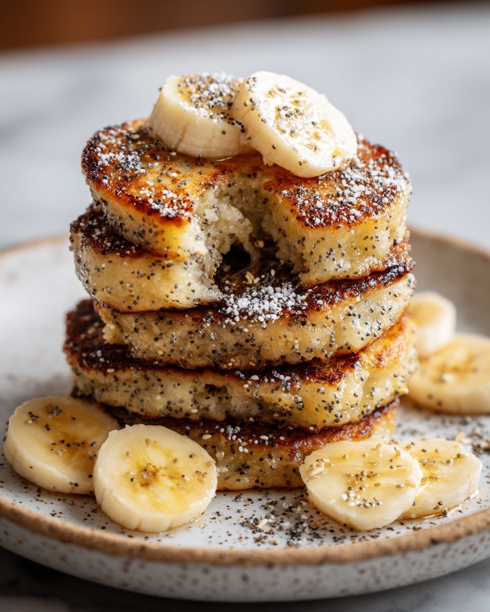 A stack of five golden-brown mini pancakes is arranged on a white plate with a speckled pattern. The pancakes have a crispy, slightly burnt texture on the edges with visible black poppy seeds in the batter. Three banana slices are placed on top and around the stack, one banana slice sits on the top pancake which has a bite taken out of it showing a soft, moist inside. The pancakes are dusted with a light sprinkling of powdered sugar and more poppy seeds. The plate sits on a white marbled surface, creating a clean and bright setting. photo taken with an iphone --ar 4:5 --v 7