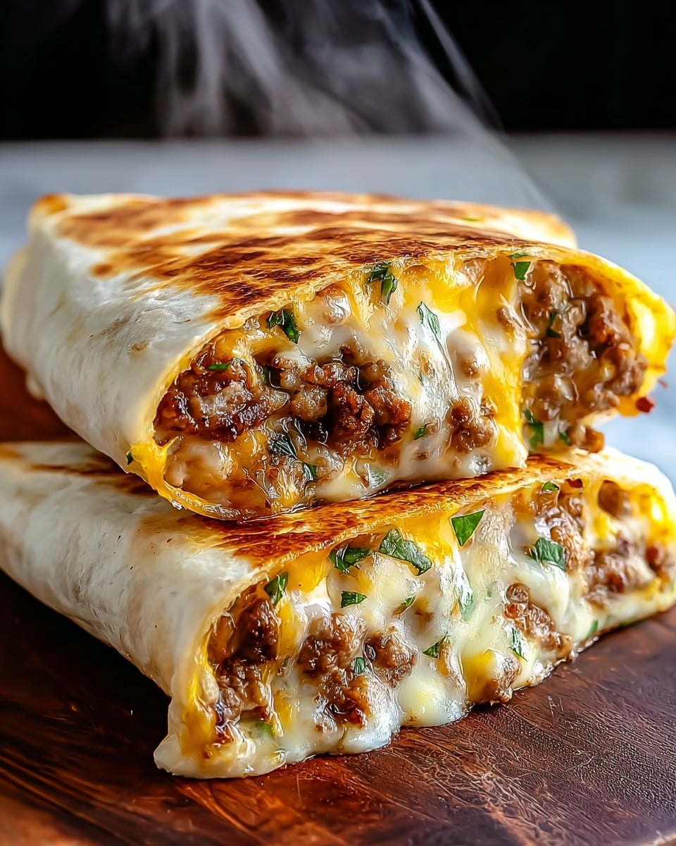 Two quesadilla halves are stacked on a dark wooden surface with steam rising, showing three main layers inside: a golden-browned outer tortilla with a slightly crispy texture, a gooey middle layer of melted white and yellow cheese, and a filling layer of browned ground meat mixed with small green herbs evenly spread throughout. The melted cheese oozes between the meat and tortilla, adding a creamy contrast to the crispy tortilla edges. The close-up angle highlights the texture and warmth of the dish against a background with a white marbled texture. photo taken with an iphone --ar 4:5 --v 7