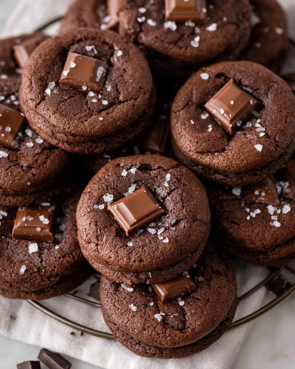 A close-up view of many round, thick chocolate cookies stacked on a white cloth over a rack, each cookie is dark brown with a soft, slightly cracked surface, topped with three smooth, rectangular milk chocolate pieces that glisten in the light, and sprinkled with small, white salt flakes creating a contrast against the dark chocolate base, scattered small chocolate chunks are also visible near the cookies on the white marbled surface photo taken with an iphone --ar 4:5 --v 7