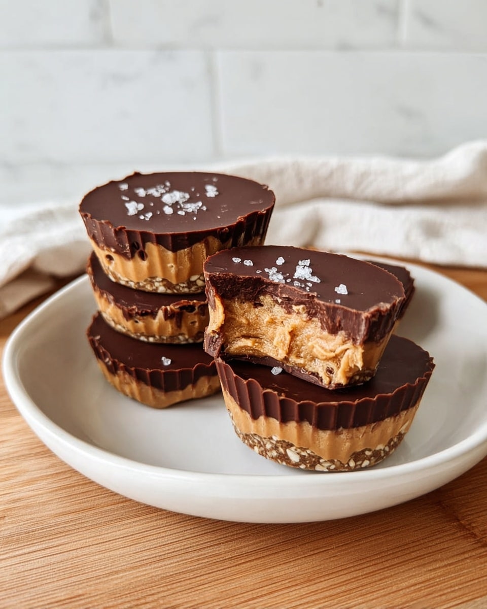 A white plate holds three stacked peanut butter cups with three more around it, one of which is cut in half showing three distinct layers: a bottom crunchy layer with nuts in a light brown base, a thick middle creamy peanut butter layer in tan color, and a smooth dark chocolate top layer sprinkled lightly with sea salt. The top peanut butter cup has a bite taken out, revealing the airy texture of the peanut butter layer inside. The plate sits on a wooden surface against a white marbled texture background. Photo taken with an iphone --ar 4:5 --v 7