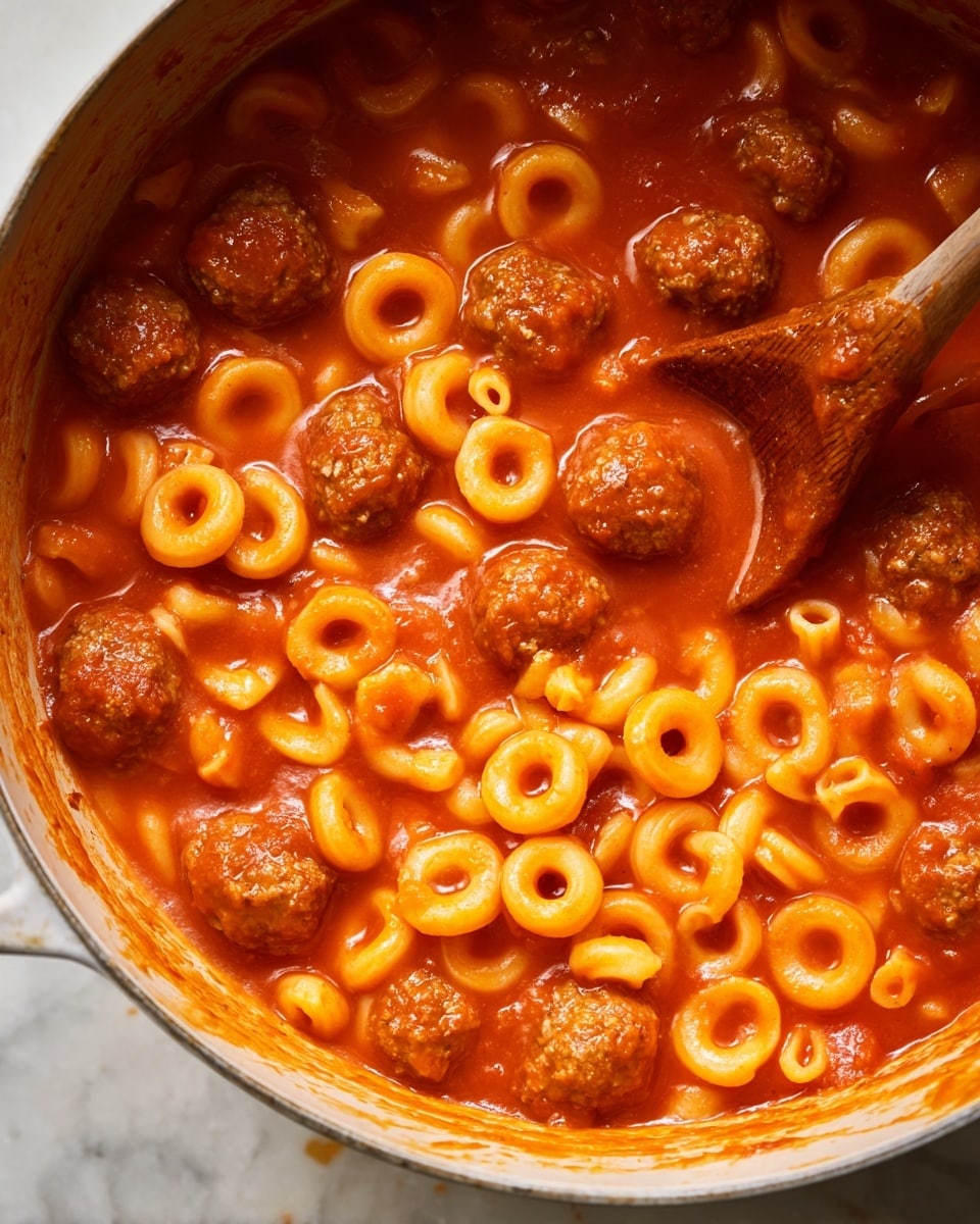 The image shows a close-up of a pot filled with round pasta rings and small meatballs covered in a bright orange-red tomato sauce. The pasta rings are smooth and thick, floating evenly among the medium-sized meatballs with a slightly rough, cooked texture. The sauce is glossy and clings lightly to the pasta and meatballs, creating a rich, warm appearance. A wooden spoon covered in the same sauce is partly visible on the right side, stirring the mixture. The pot's interior is light in color with slight sauce splashes near the edges, all set against a white marbled background. photo taken with an iphone --ar 4:5 --v 7