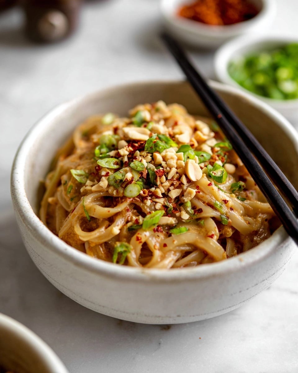 A close-up of a white ceramic bowl filled with creamy brown noodles, topped with chopped green onions, crushed peanuts, and red chili flakes, giving a mix of green, beige, and red colors on top. The noodles are thick and coated with a smooth sauce. Black chopsticks rest on the bowl’s edge. The bowl is placed on a white marbled surface with blurred small white bowls filled with green herbs and red spices in the background. photo taken with an iphone --ar 4:5 --v 7
