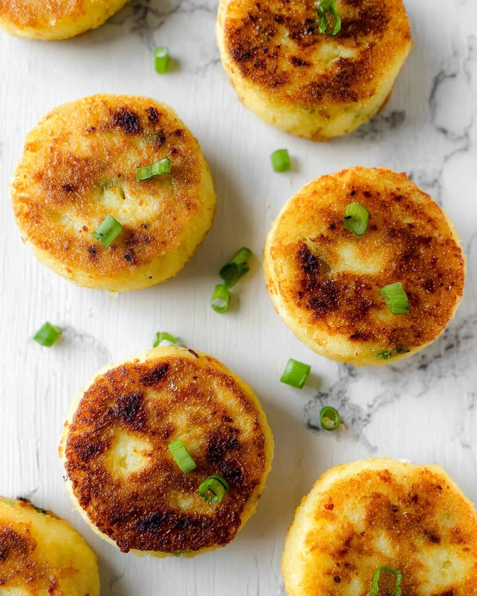 The image shows six small, round, golden-brown patties with a slightly crispy texture on top, each with a few small pieces of green onion slices scattered on and around them. They are evenly spaced on a white marbled surface that has subtle gray veining and a clean look. The patties have a light, golden-yellow center with a browned outer layer, giving them a warm, appetizing appearance. The green onion slices add a touch of fresh green color, contrasting with the warm yellows and browns of the patties. Photo taken with an iphone --ar 4:5 --v 7