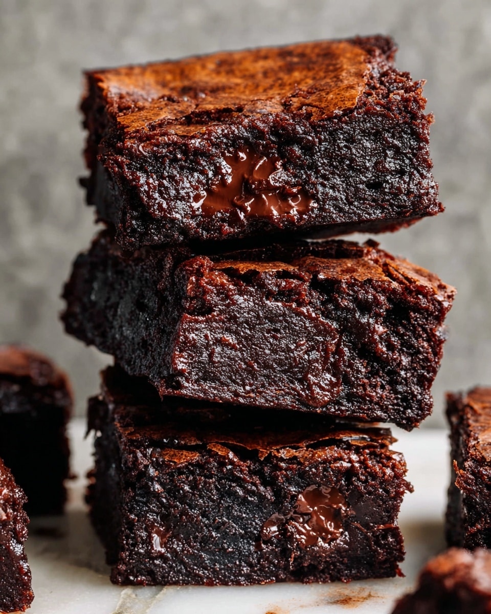 The image shows three thick, rich chocolate brownies stacked unevenly on a white marbled surface, with part of a brownie visible on the side. Each brownie has a shiny, slightly cracked top layer that is dark brown and glossy, showing a fudgy and moist texture inside with gooey melted chocolate spots. The edges have a slightly firmer, crusty texture, while the inside looks dense and soft. Photo taken with an iphone --ar 4:5 --v 7