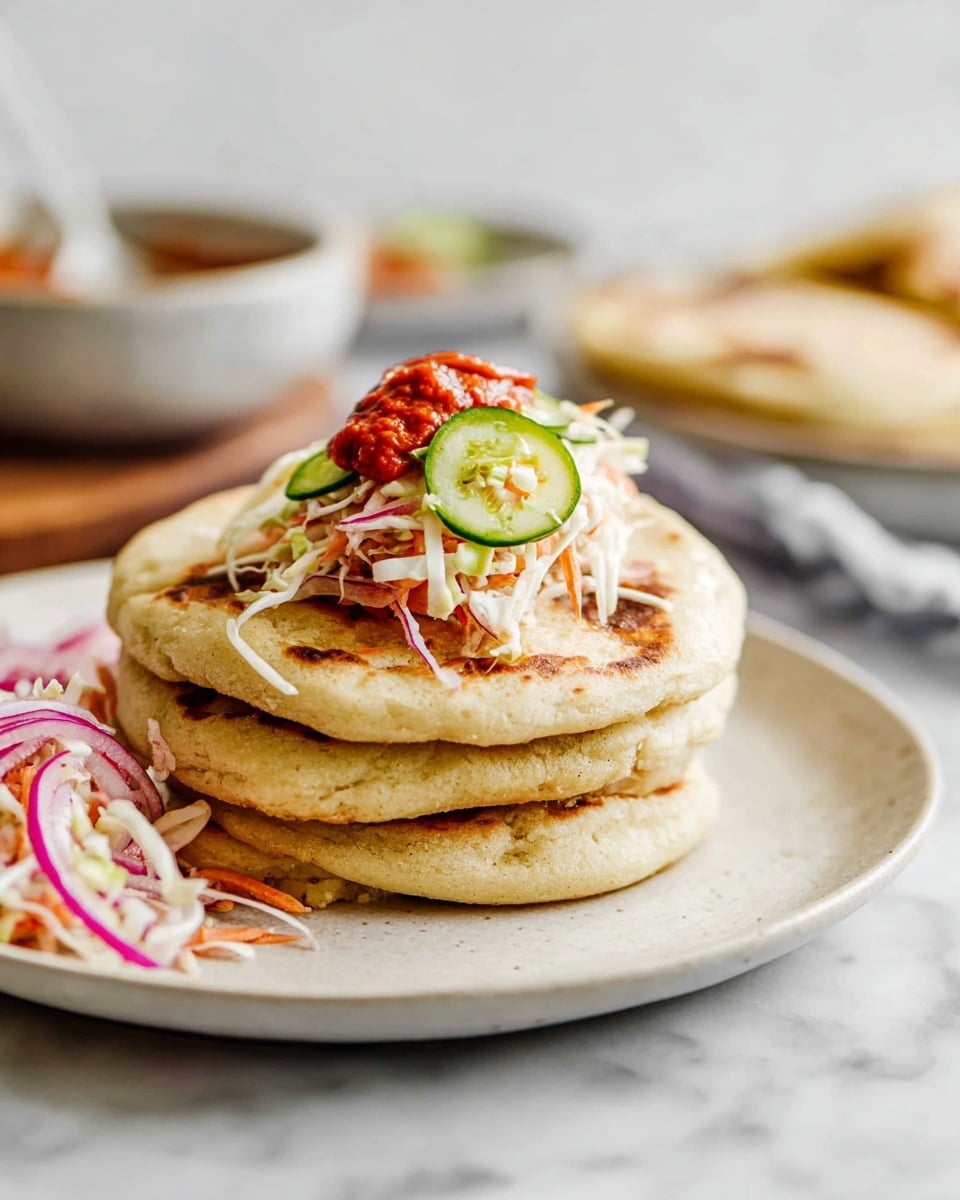 A stack of four thick, round, lightly browned flatbreads is placed in the center of a white plate. On top of the flatbreads, there is a small pile of shredded white and orange slaw with thin slices of green cucumber and a dollop of bright red sauce resting on the top. To the left side of the plate, some additional slaw with thinly sliced red onions is visible, adding extra color. The plate sits on a white marbled surface, and the background is softly blurred, showing some bowls with similar food. photo taken with an iphone --ar 4:5 --v 7