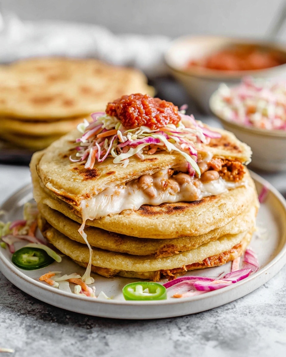 A stack of three thick, golden brown round tortillas is placed on a white plate with a white marbled texture beneath. On top of the stack, two halves of a stuffed tortilla are layered, showing a gooey melted white cheese and bean filling oozing out, with a soft, slightly crispy texture to the outer tortillas. The very top layer holds a small pile of shredded cabbage and carrot slaw mixed with thin red onion slices and a dollop of bright red salsa. Slices of red onion and green jalapeño peppers are scattered around the base of the stack on the plate. In the blurry background, more tortillas and bowls of salsa and slaw are visible. photo taken with an iphone --ar 4:5 --v 7