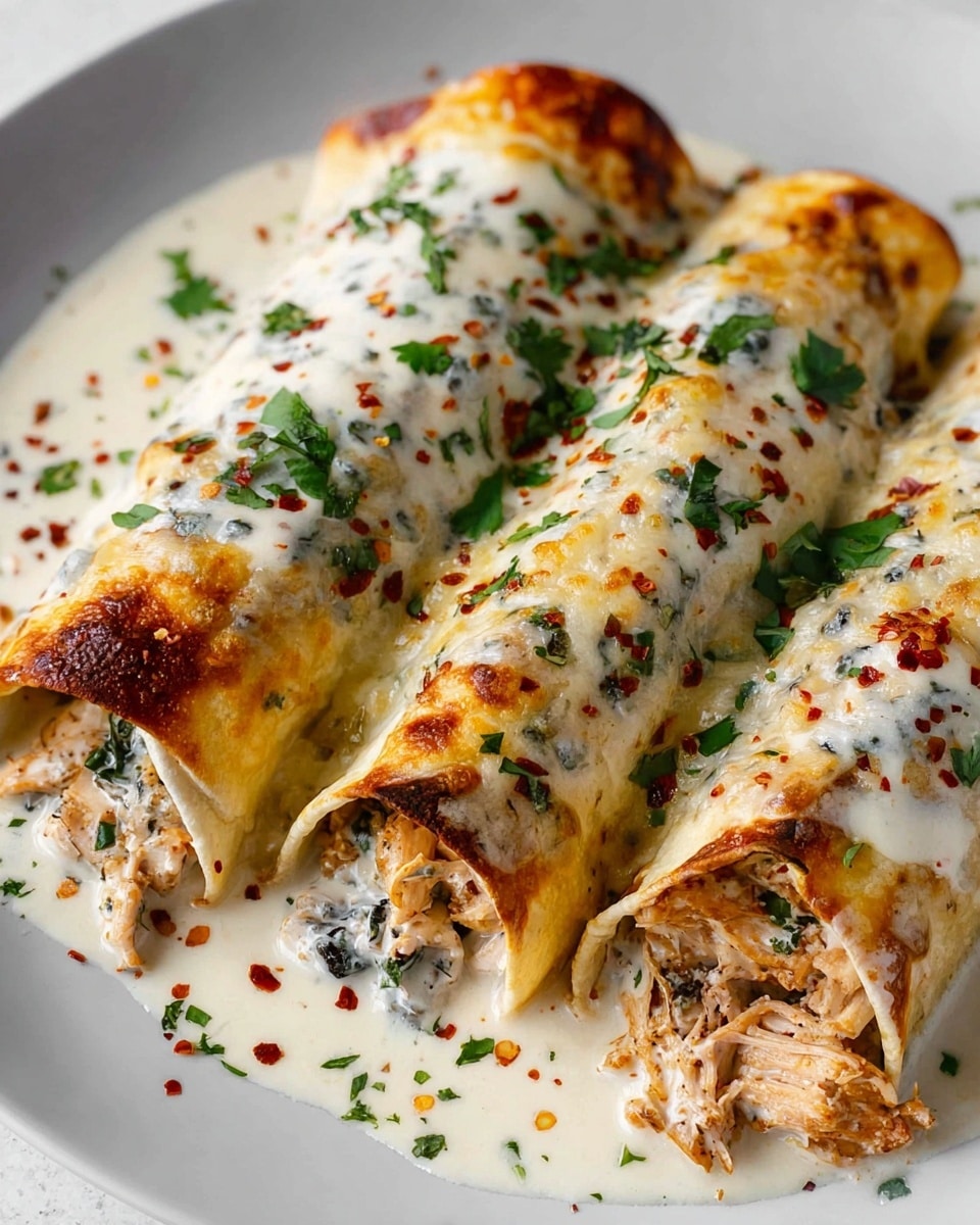 Three rolled enchiladas sit side by side on a white plate with a white marbled texture underneath. Each enchilada is filled with shredded chicken mixed with green herbs and black bits, visible at the open ends. The outer layer is a golden, slightly crisp tortilla with browned spots. They are covered with a creamy white sauce sprinkled with chopped green herbs and red chili flakes, creating a fresh and spicy look. The sauce pools around the edges, making the dish look rich and smooth. photo taken with an iphone --ar 4:5 --v 7
