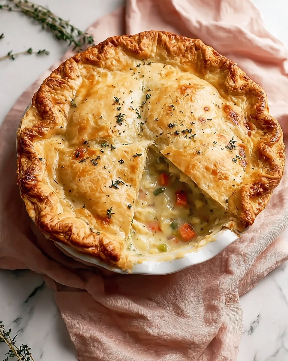 A golden brown pie with a fluted, crimped crust around the edge sits on a white pie dish. The top crust is glossy with slight browning in areas and sprinkled with small herbs. One slice is missing, revealing a creamy, chunky filling inside with visible pieces of vegetables like carrots and celery in pale yellow sauce. The pie rests on a soft, pale pink cloth on a white marbled surface, with some sprigs of fresh thyme nearby. Photo taken with an iphone --ar 4:5 --v 7