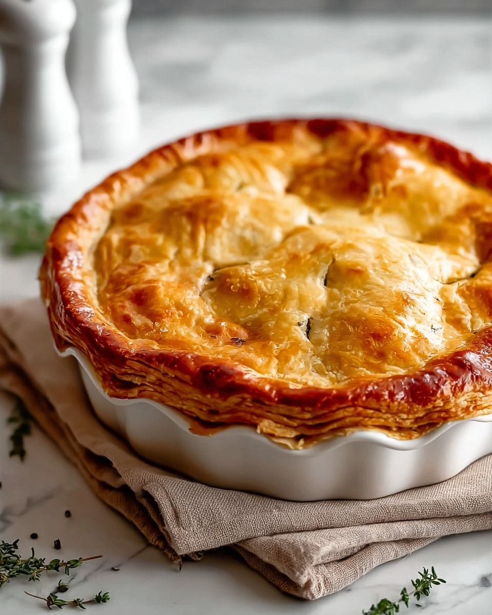 A golden brown pie with a flaky crust sits in a white pie dish with a scalloped edge, resting on two stacked light brown cloths. The top crust has a slightly crimped edge and several raised bumps, showing soft layers beneath the shiny, baked surface with hints of herbs. The scene is set on a white marbled texture with some small green herb sprigs nearby, and blurred white salt and pepper shakers in the background. photo taken with an iphone --ar 4:5 --v 7