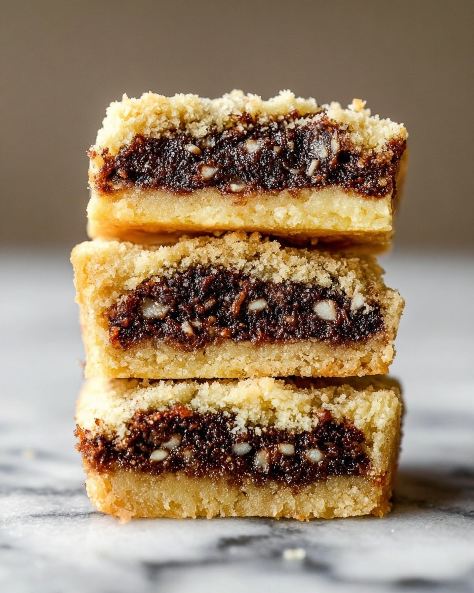 The image shows a close-up of three stacked cookie bars with two layers each, placed on a white marbled surface. The outer layer is a pale yellow, crumbly crust with a rough texture, while the inside layer is a thick, dark brown filling with small white bits scattered throughout, giving it a slightly grainy look. The cookie bars are cut in half, revealing the contrast between the soft outside and dense, textured filling inside. The background is plain and smooth, making the focus stay fully on the stacked cookies. photo taken with an iphone --ar 4:5 --v 7