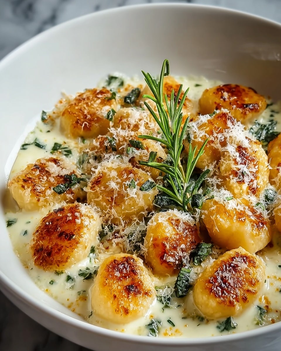 The dish shows a white bowl filled with several golden-brown gnocchi pieces, each with a slightly crispy, browned top layer and a soft, creamy texture underneath. The gnocchi sit on a thick, white cream sauce that has small green herb pieces mixed in. On top, there is a sprinkling of fine white cheese crumbs and a few thin sprigs of fresh green rosemary placed in the center. The bowl is on a white marbled surface, and soft natural light highlights the warm tones and textures of the dish. photo taken with an iphone --ar 4:5 --v 7