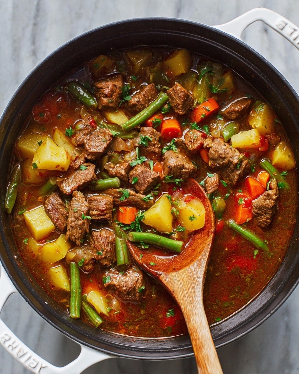 A large round black pot with white handles is filled with a beef stew that has three main layers: on top, chunks of browned beef pieces with a rough texture; beneath, diced yellow potatoes with a soft texture mixed with green beans cut into small pieces and orange carrot cubes; the bottom layer is a dark brown broth with visible herbs and small bits of tomato and celery, creating a rich, thick liquid. A wooden spoon with a shiny surface scoops some beef and vegetables, partially submerged on the right side of the pot. The pot sits on a white marbled surface. photo taken with an iphone --ar 4:5 --v 7