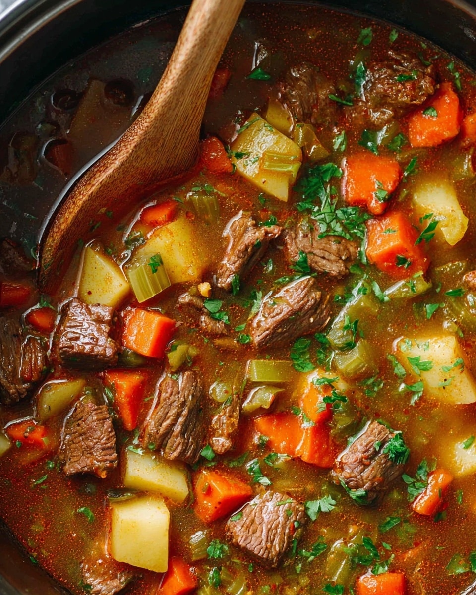 The image shows a rich beef stew with multiple layers of ingredients in a pot. The bottom layer is a brownish-red broth, filled with tender, dark brown chunks of beef scattered throughout. Mixed in are bright orange carrot cubes, pale yellow potato chunks, and light green celery pieces, all adding a mix of soft and firm textures. Small bits of chopped fresh green parsley are sprinkled on top, adding a fresh color contrast. A wooden spoon is partially immersed in the stew along the left edge. The overall look is hearty and colorful, with a rustic and inviting feel. The photo is taken with an iphone --ar 4:5 --v 7