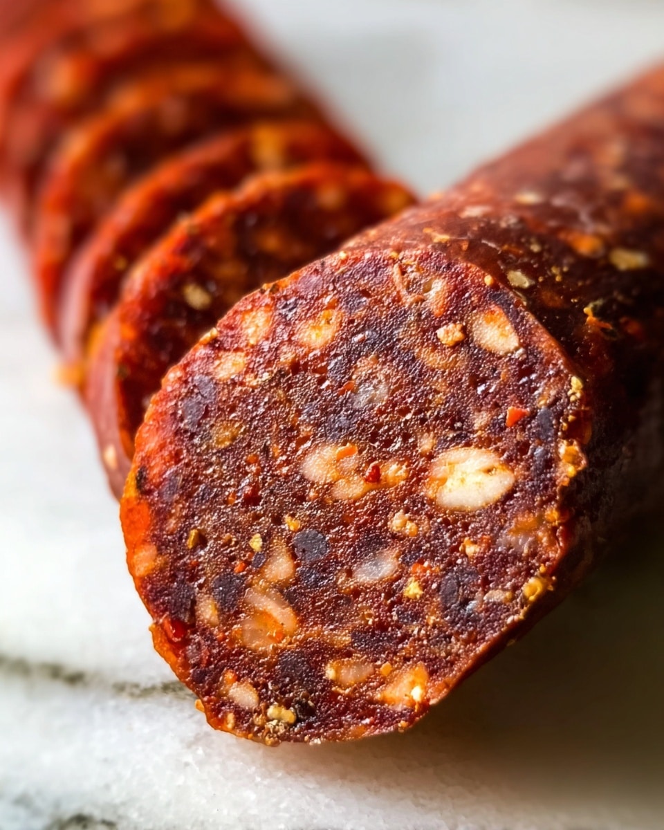 A close-up image of a sliced chorizo sausage resting on a white marbled surface. The sausage has a deep reddish-brown color with a rough texture made up of small bits of fat and spices, creating a speckled pattern throughout. The slices show a consistent thickness with visible grains and seeds embedded inside, highlighting the cured and spiced nature of the meat. The background is softly blurred, emphasizing the rich, dense texture of the chorizo in the foreground. Photo taken with an iphone --ar 4:5 --v 7