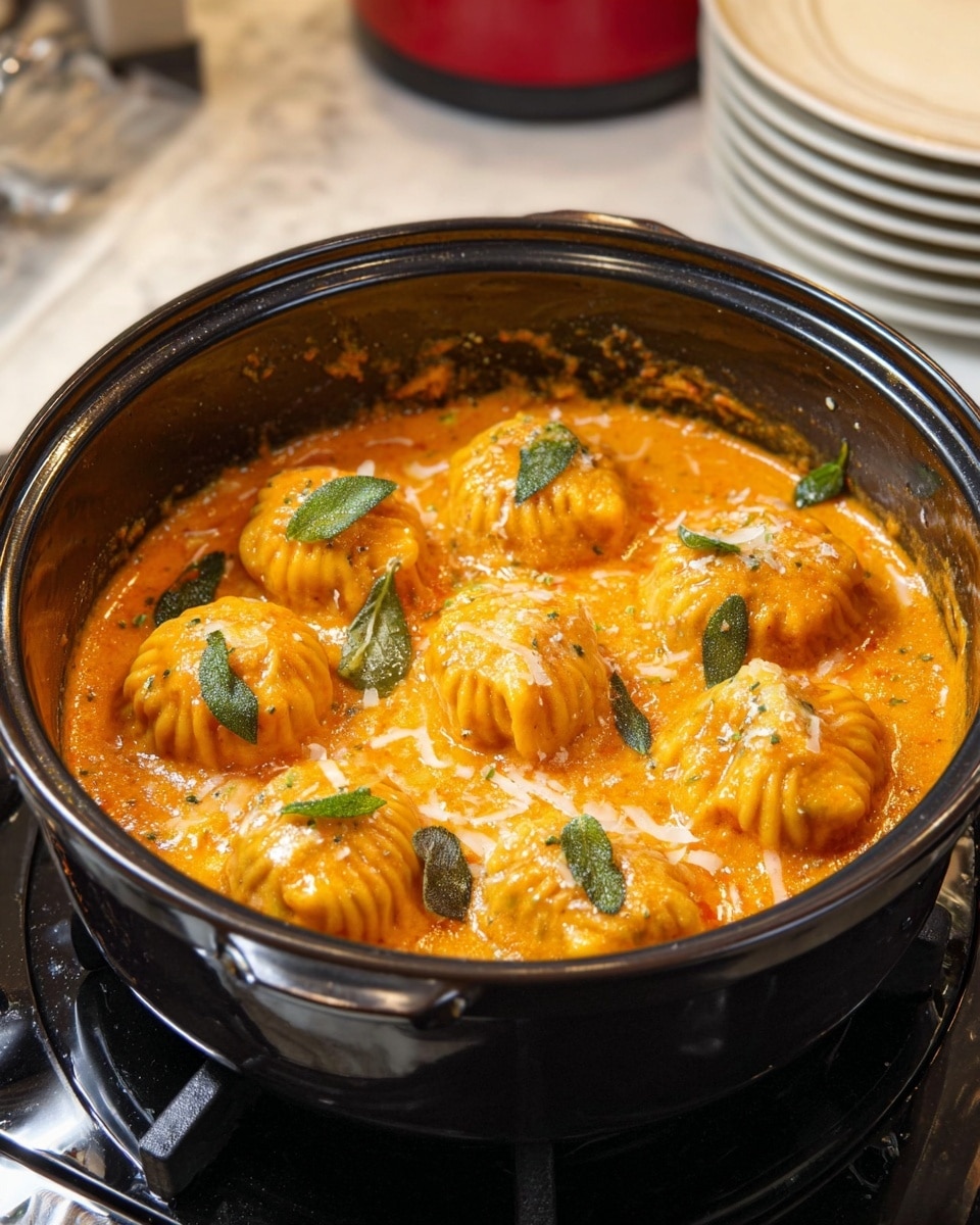 A black pot filled with eight round dumplings in a thick, bright orange sauce. The dumplings have a ridged texture and a golden-brown color. Fresh green sage leaves are scattered over the dumplings. The sauce appears creamy with small bits visible, and light shavings of white cheese are sprinkled on top. The pot is on a stove with a white marbled surface underneath. In the background, there are stacked white plates and a red-lidded container. photo taken with an iphone --ar 4:5 --v 7