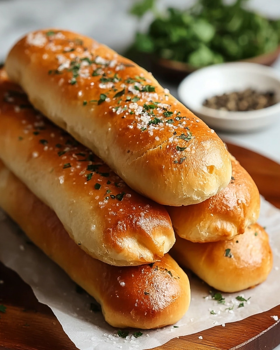 The image shows a close-up of four golden-brown breadsticks stacked in layers on white parchment paper over a wooden board. Each breadstick has a shiny, slightly glossy surface topped with small grains of salt and green herbs scattered evenly. The breadsticks look soft with a slightly rounded and smooth texture, and their ends are gently pinched or folded. In the blurred background, there is a small white bowl with black pepper and some green leafy herbs, all set on a white marbled surface. photo taken with an iphone --ar 4:5 --v 7