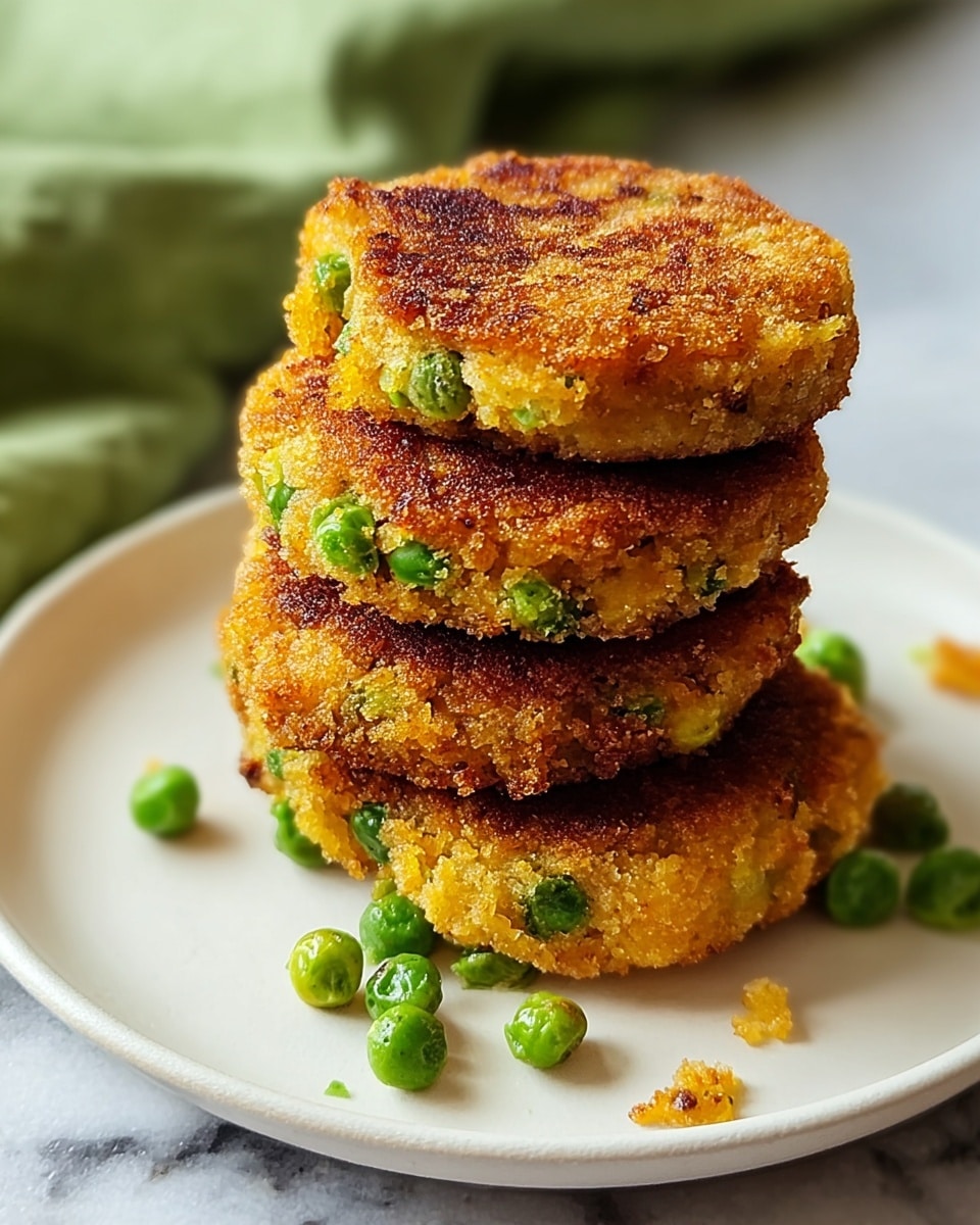 A stack of four round, golden-brown patties with a crispy texture is shown on a white plate; each patty has visible green peas embedded in the mixture, giving a pop of green color. The top patty is slightly browned with uneven edges and a rough surface, while some loose peas are scattered around the plate. The plate sits on a white marbled texture with a soft green cloth in the background. photo taken with an iphone --ar 4:5 --v 7