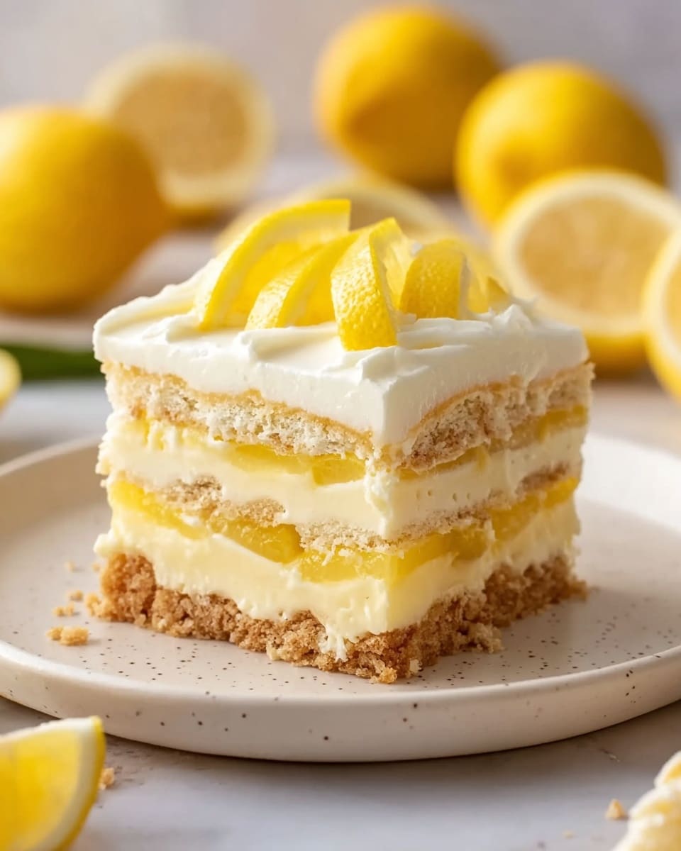 A square piece of lemon layered dessert sits on a white plate with a light speckled texture. The dessert has four visible layers: a crumbly light brown base layer, a thick creamy pale yellow layer above it, followed by another crumbly beige layer mixed with translucent yellow lemon slices, topped with a thick white creamy layer. On top of the dessert, there are small lemon wedge pieces arranged as decoration. The plate is placed on a white marbled surface with more whole and halved lemons softly blurred in the background. photo taken with an iphone --ar 4:5 --v 7