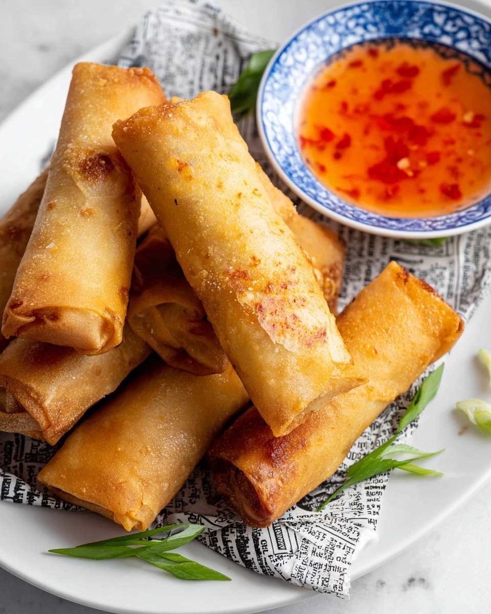 A white plate holds six golden brown spring rolls, each showing a crispy and slightly textured surface with some light brown spots. The spring rolls are arranged in a scattered pile, some overlapping each other, and small green onion pieces are placed on and around them. At the top right of the plate, there is a small white bowl with blue decorative patterns around the rim, filled with a bright orange-red dipping sauce that has small bits of chili and chili oil floating on the surface. The plate is lined with black and white newspaper-style paper, and the whole setup is on a white marbled texture background. photo taken with an iphone --ar 4:5 --v 7