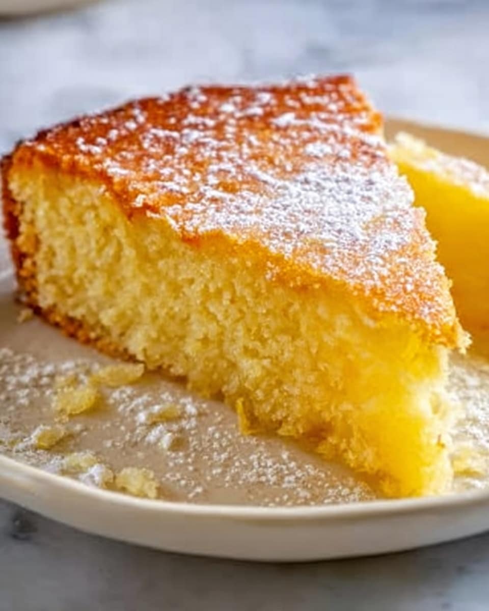 A close-up view of a slice of yellow cake with a light, crumbly texture and a slightly golden crust on top, resting on a white plate. The cake looks moist inside with a soft, smooth top layer and a faint sprinkle of powdered sugar. The plate is placed on a white marbled surface, and the lighting highlights the slight shine and softness of the cake's surface. Photo taken with an iphone --ar 4:5 --v 7