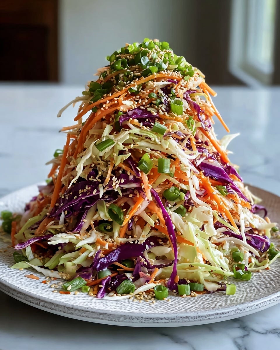 A tall mound of colorful coleslaw sits on a white textured plate, placed on a white marbled surface. The dish has three main layers: a base of shredded light green cabbage, followed by a mixed layer of bright orange thin carrot sticks and deep purple cabbage strips scattered evenly, and topped with finely chopped green onions and a sprinkle of beige sesame seeds. The textures vary from crispy raw vegetables to slightly moist dressing coating the strands, giving a fresh and crunchy look, with some loose pieces spilling over the plate edges. Photo taken with an iphone --ar 4:5 --v 7