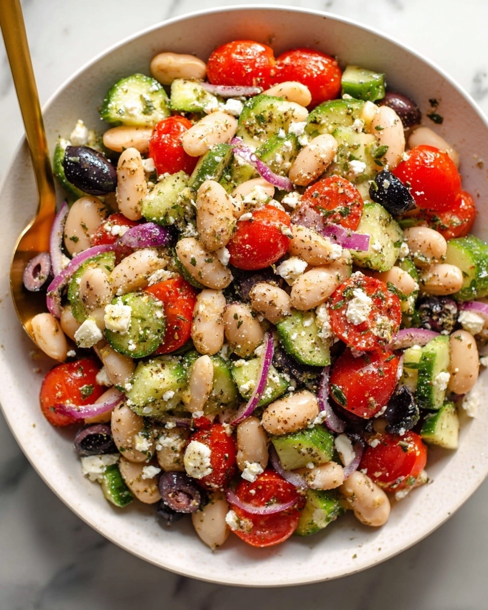 A white bowl filled with a colorful salad made of several layers: large, pale beige beans scattered throughout, bright red halved cherry tomatoes, small chunks of green cucumber and green bell pepper, sliced black olives, thin rings of pale purple onion, and small white crumbles of cheese sprinkled on top. The salad is seasoned with visible black pepper and herbs. A gold spoon rests inside the bowl, and the bowl sits on a white marbled surface. photo taken with an iphone --ar 4:5 --v 7