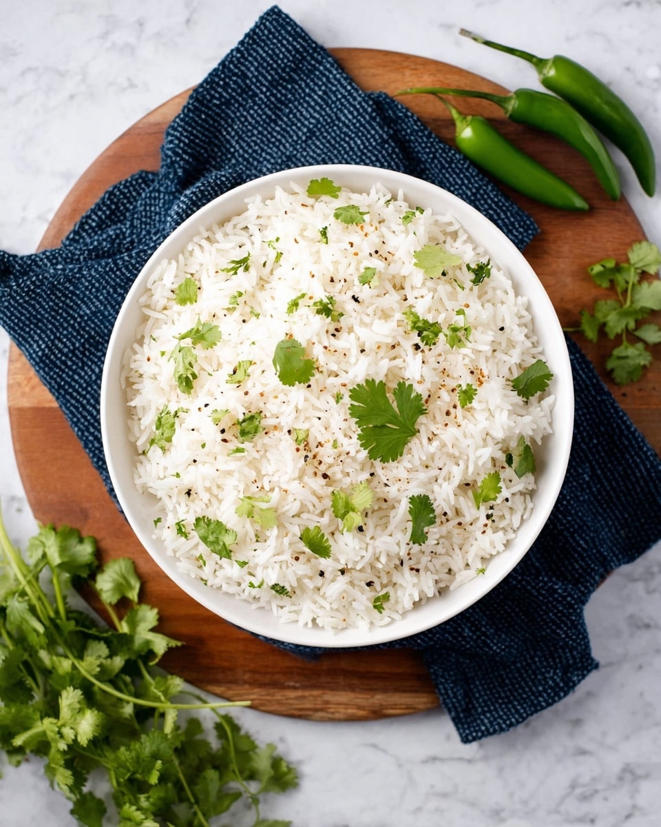 A round white bowl filled with fluffy white rice speckled with tiny brown seeds and bright green cilantro leaves scattered evenly on top. The bowl rests on a round wooden board with a dark blue textured cloth beneath it, placed on a white marbled surface. Fresh green chili, a small bunch of cilantro, and some loose cilantro leaves are arranged around the bowl, adding natural green accents to the clean, simple setup. Photo taken with an iphone --ar 4:5 --v 7