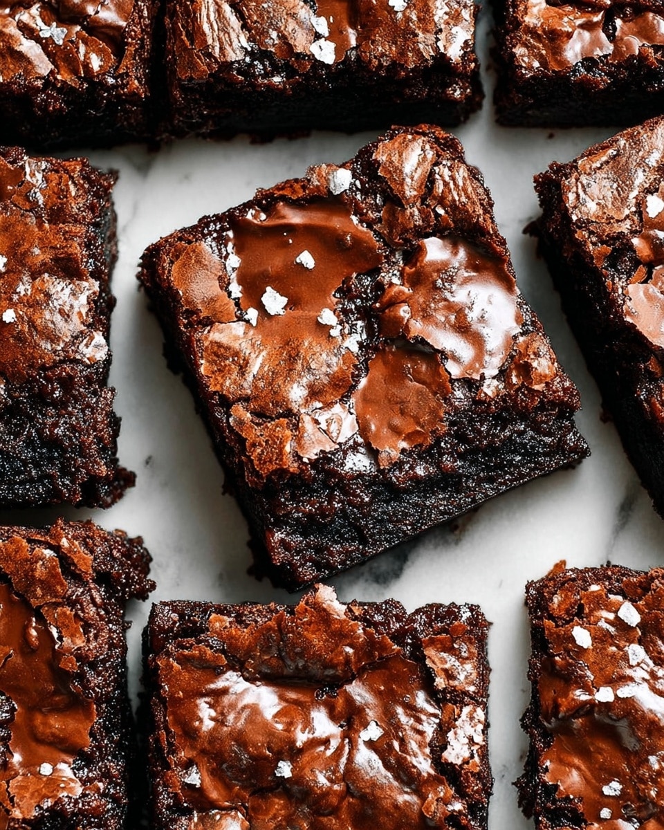 The image shows several close-up square brownies arranged tightly on a white marbled surface. Each brownie has two layers: a dense, dark brown base layer with a slightly crumbly texture, and a top layer that is thick, glossy, and cracked with rich melted chocolate peeking through the cracks. The brownies have rough edges and a shiny appearance with some salt flakes sprinkled across the surface. photo taken with an iphone --ar 4:5 --v 7