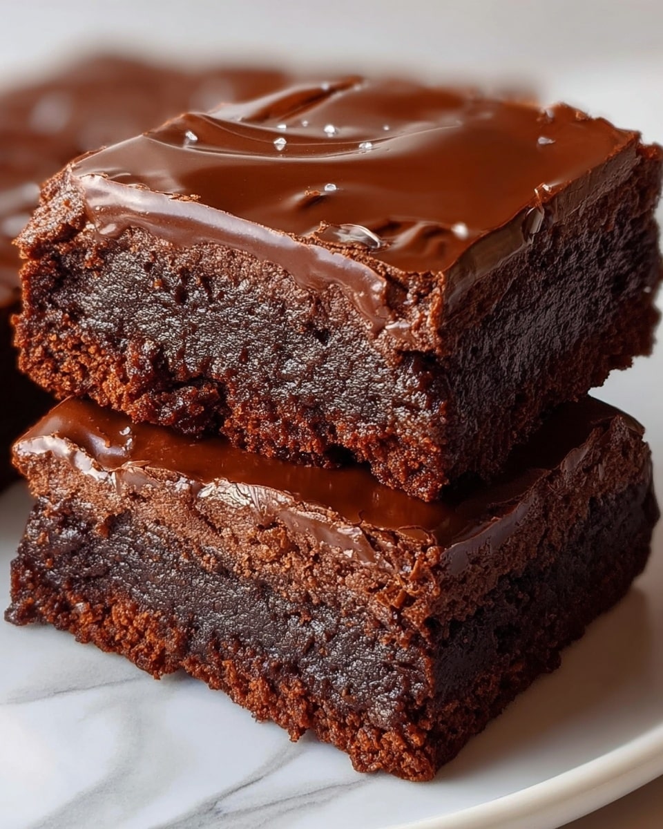 Two thick, square chocolate brownies stacked on a white plate with a white marbled texture underneath. Each brownie has a dense, moist, dark brown bottom layer with a slightly crumbly texture. The top layer is a glossy, smooth chocolate glaze that looks rich and shiny with small cracks around the edges, showing a bit of the middle fudgy chocolate layer underneath. The top brownie is slightly offset, showing the layers clearly from the side. Photo taken with an iphone --ar 4:5 --v 7