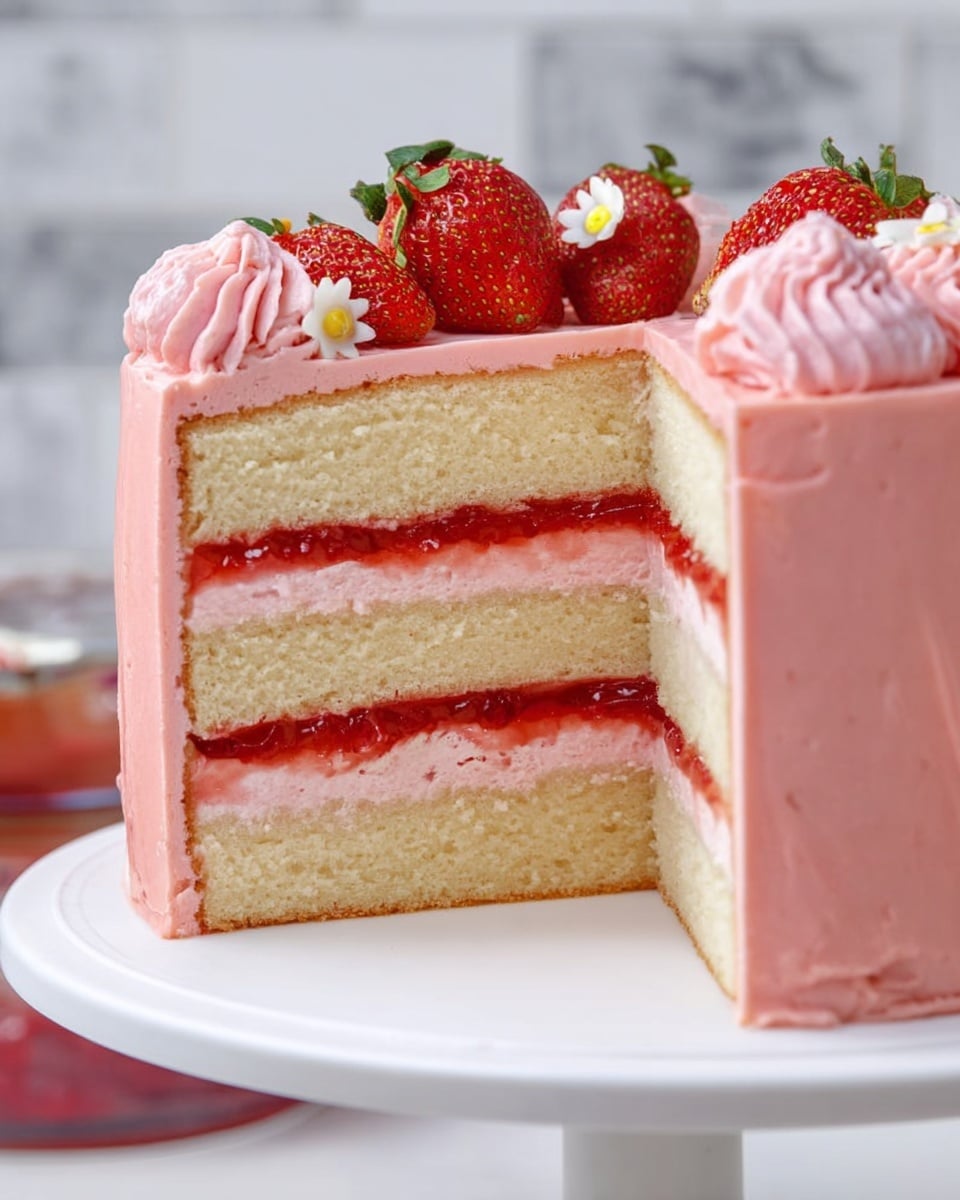 A three-layer white sponge cake is covered in smooth pink frosting. Between each sponge layer are two fillings: a thick pink cream layer and a glossy red jelly layer below it. The outside pink frosting is smooth and evenly spread. On top of the cake are fresh whole strawberries and small swirls of the same pink frosting, with a small white flower accent. The cake sits on a white plate placed on a cake stand against a white marbled surface background. Photo taken with an iphone --ar 4:5 --v 7