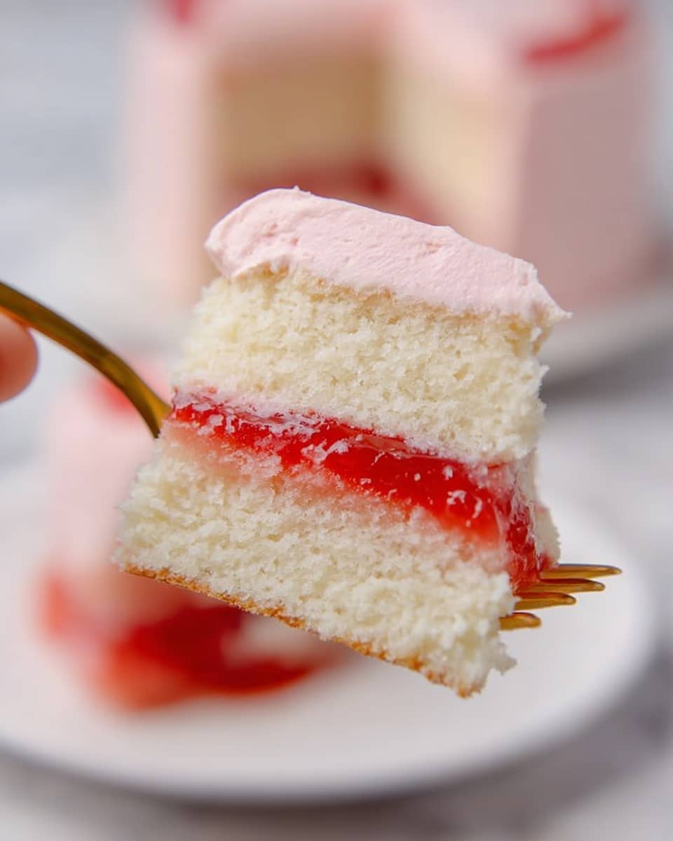 A close-up of a piece of white cake on a gold fork held by a woman's hand, showing three layers: a soft white sponge cake on top and bottom, with a middle layer of smooth pink cream, and a thin bright red jelly layer just below the cream. The background is a white plate with another slice of the same cake blurred out, all on a white marbled surface. The textures of the cake are light and fluffy, the cream is creamy and smooth, and the jelly is glossy and slightly translucent. Photo taken with an iphone --ar 4:5 --v 7