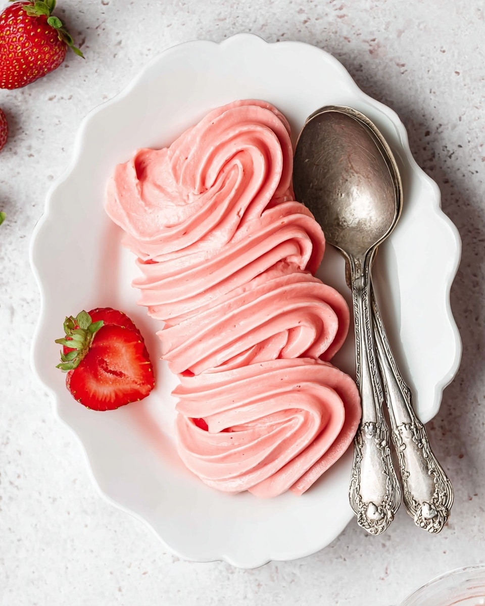 A swirl of smooth, bright pink frosting is neatly piped in three large waves across a white, scalloped-edge plate. Two vintage silver spoons rest on the right side of the plate, their handles crossing slightly. On the left side, there are two fresh strawberry halves with vibrant red flesh and green stems. The scene is set on a white marbled textured surface with soft natural light highlighting the creamy texture of the frosting and the shine on the spoons. photo taken with an iphone --ar 4:5 --v 7
