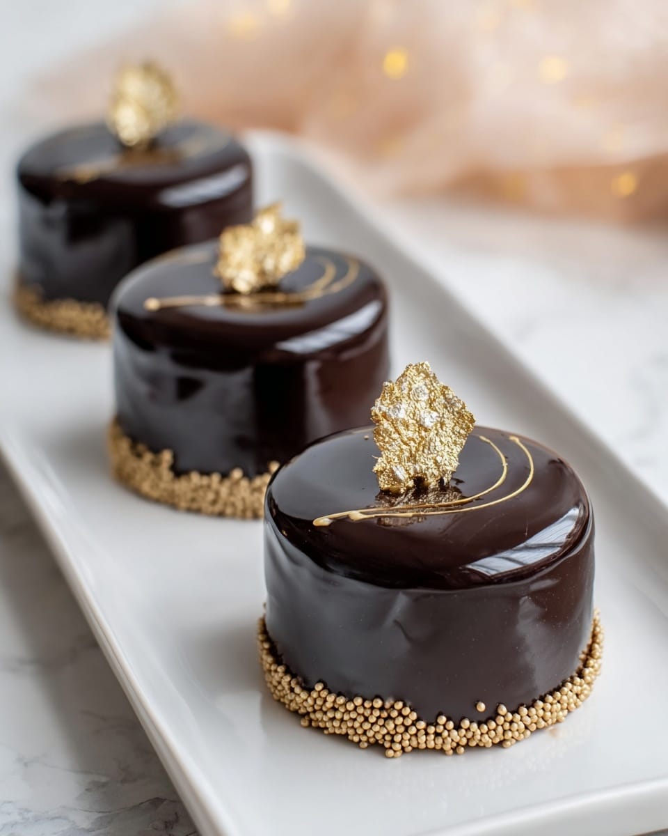 A small, round cake with a smooth, glossy dark chocolate glaze covering the entire surface. The top layer shines with a reflective finish, decorated with a small piece of crinkled gold leaf positioned center-top and a thin curved gold line near the edge. Around the base of the cake, a dense ring of small, shiny gold spherical sprinkles adds texture and contrast. The cake sits on a white plate against a white marbled surface. photo taken with an iphone --ar 4:5 --v 7