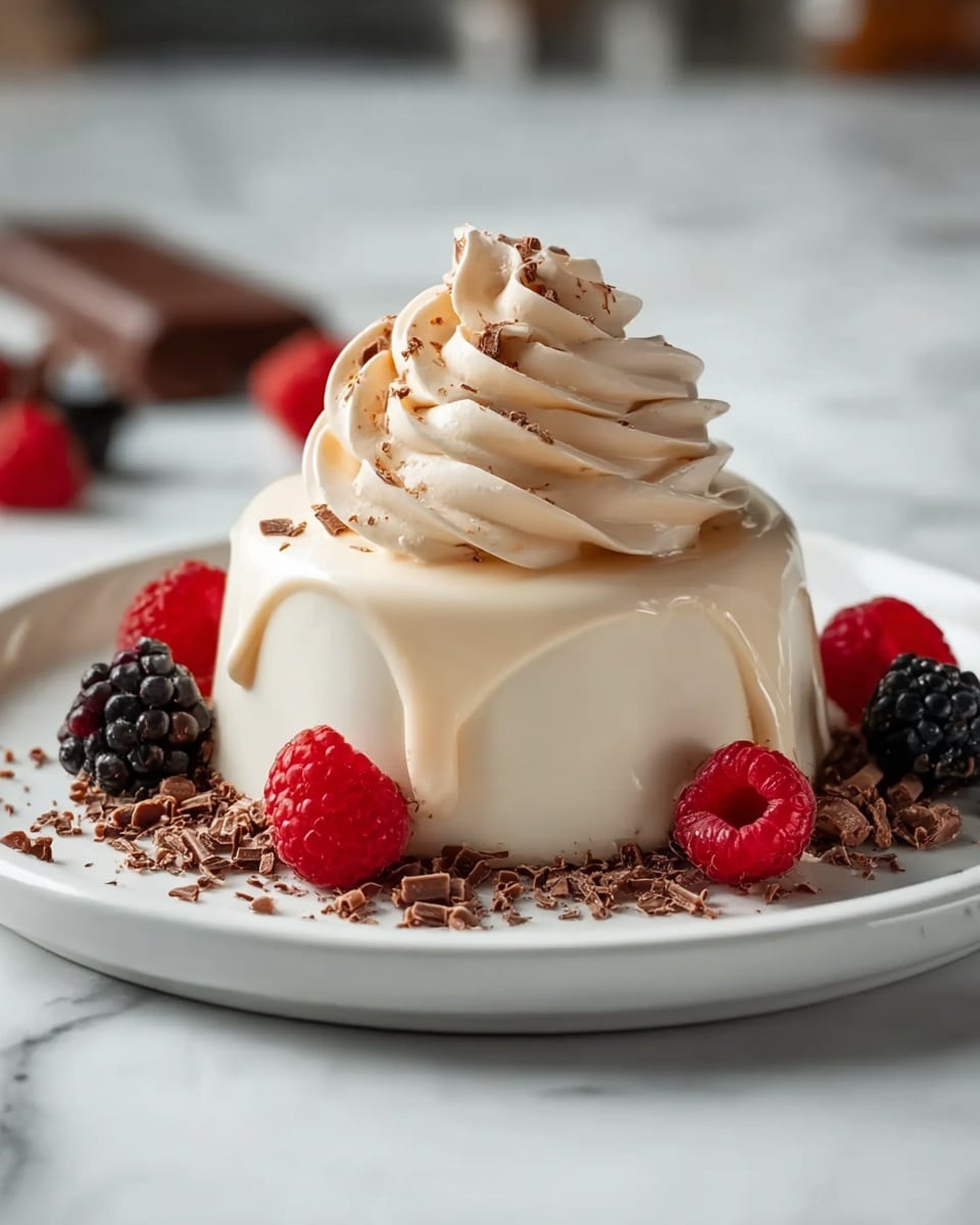 A small round dessert with a smooth, light cream-colored glaze that drips slightly down the sides, topped with a large swirl of soft, pale beige whipped cream. The dessert sits on a white plate scattered with dark chocolate shavings and small flakes. Around the base of the dessert, there are fresh red raspberries and a single blackberry, adding bright red and dark purple colors. The plate rests on a white marbled surface. photo taken with an iphone --ar 4:5 --v 7