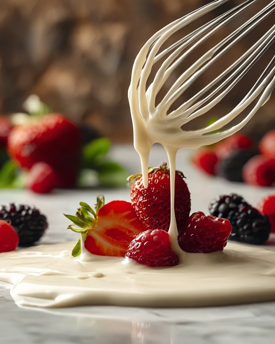 A close-up view of fresh red raspberries and a halved strawberry placed on a smooth, thick layer of creamy white sauce spread on a white marbled surface, with the sauce dripping from a metal whisk above, creating soft glossy texture and gentle folds; additional strawberries and blackberries with green leaves are scattered in the blurred background, adding depth and bright color contrast. photo taken with an iphone --ar 4:5 --v 7