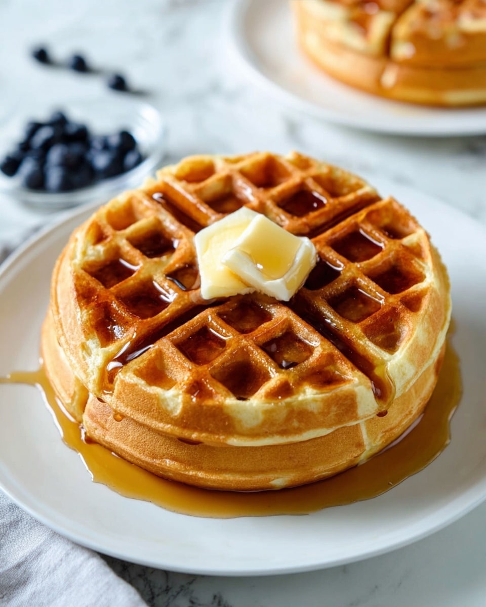 A stack of two golden brown waffles is centered on a white plate, each waffle divided into four thick quarters with deep square pockets filled with glossy syrup. On top of the stack, a small square of light yellow butter is placed in the middle, melting slightly with a tiny drop of syrup on it. The plate sits on a white marbled surface with a few scattered blueberries near the bottom left and a blurred second waffle in the background. photo taken with an iphone --ar 4:5 --v 7