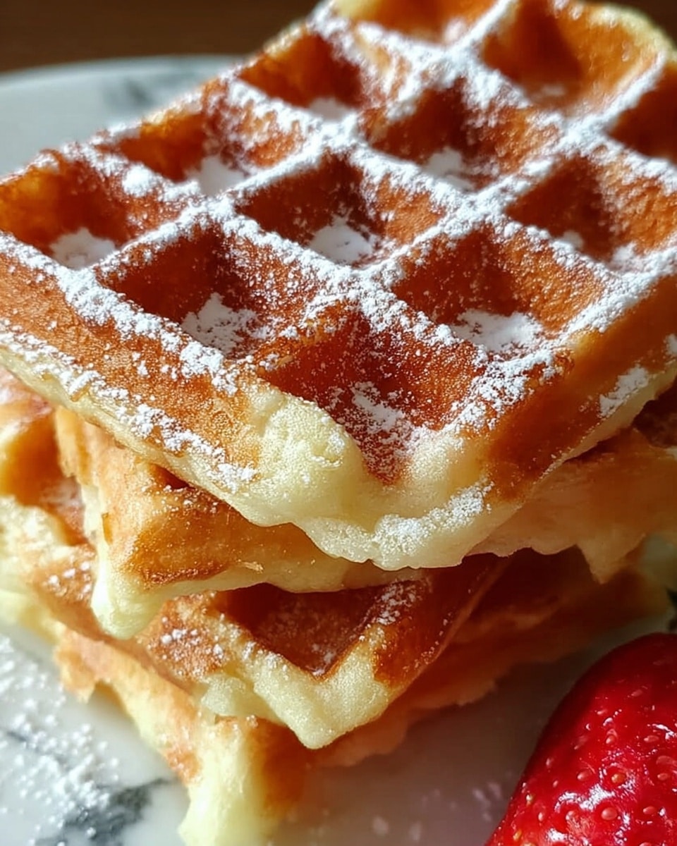 A close-up view of a stack of three golden brown waffles with a slightly crispy texture and soft fluffy inside, each waffle showing a grid pattern with square pockets, lightly dusted with white powdered sugar on top; a small part of a red strawberry is visible in the upper right corner, all placed against a white marbled texture background. photo taken with an iphone --ar 4:5 --v 7