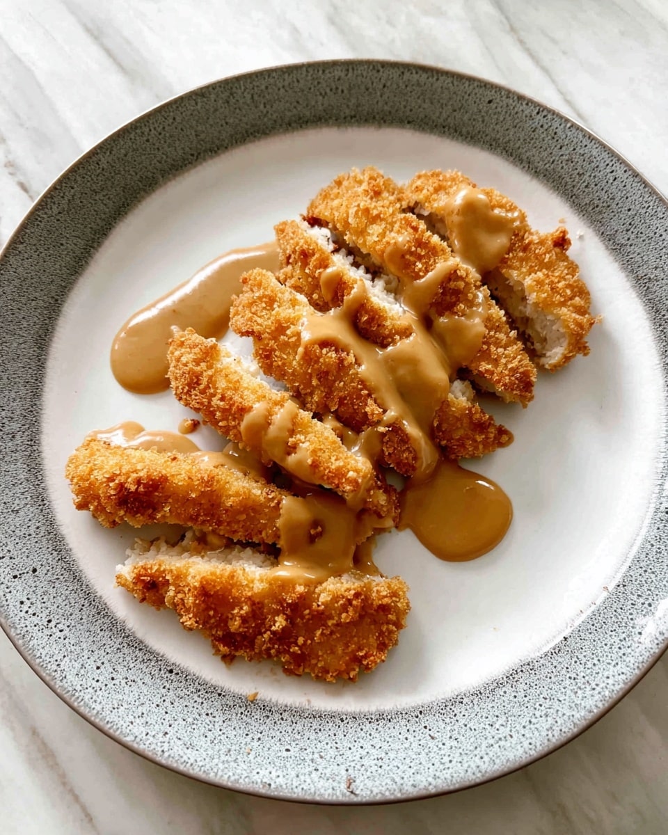 A white plate with a gray speckled rim holds five crispy golden brown breaded chicken slices arranged in a fan shape. The chicken slices are juicy with a crunchy crumb coating and topped with a smooth light brown gravy drizzled unevenly over them. The plate rests on a surface with a white marbled texture. photo taken with an iphone --ar 4:5 --v 7